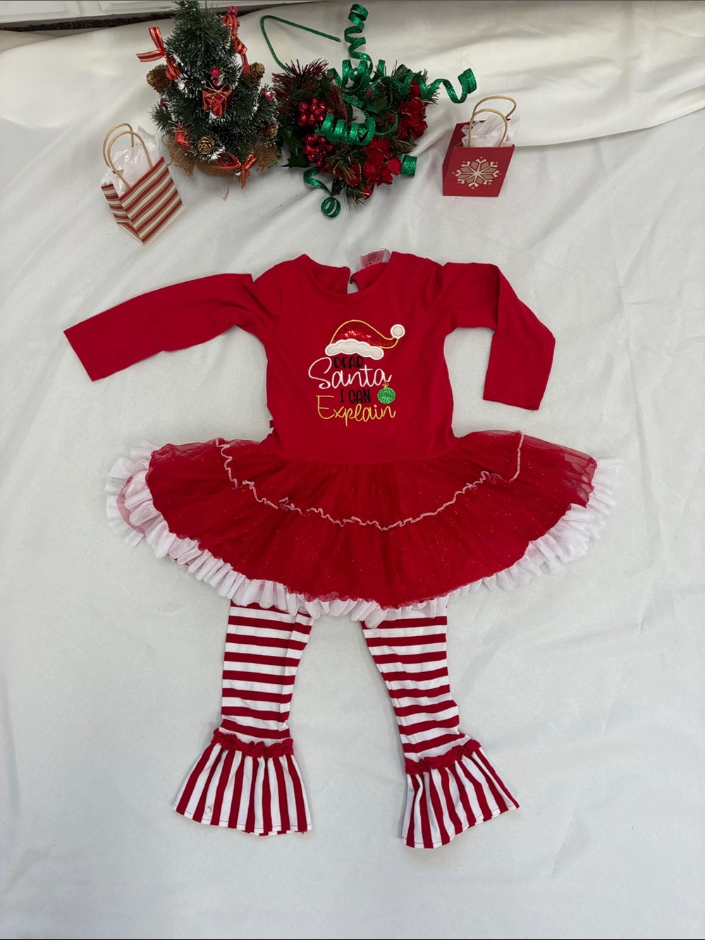 Kids Red Santa Tutu Dress with Striped Leggings